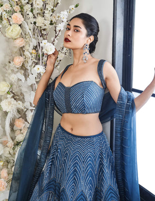 Disha Muchhala Wood Dusty Blue Lehenga Set available on indiaspopup