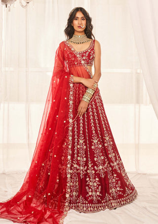 Disha Muchhala-Cherry Red Bridal Lehenga Set-INDIASPOPUP.COM