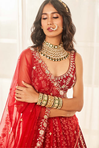 Disha Muchhala-Cherry Red Bridal Lehenga Set-INDIASPOPUP.COM
