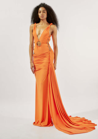 Deme By Gabriella-Coral Orange Gown-INDIASPOPUP.COM