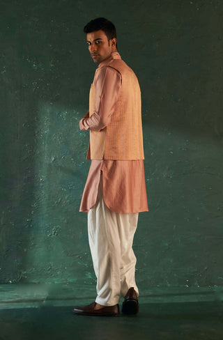 Charkhee Men-Rose Pink Kurta And Nehru Jacket Set-INDIASPOPUP.COM