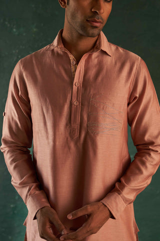 Charkhee Men-Rose Pink Chanderi Pathani Kurta And Salwar-INDIASPOPUP.COM