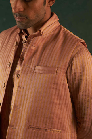 Charkhee Men-Rose Pink Tissue Kurta And Nehru Jacket Set-INDIASPOPUP.COM