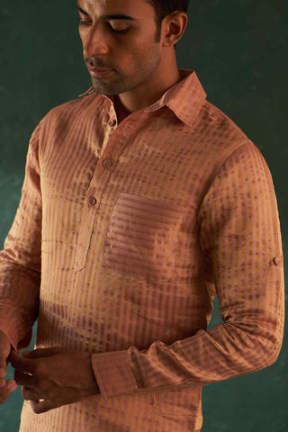 Charkhee Men-Rose Pink Tissue Kurta And Nehru Jacket Set-INDIASPOPUP.COM