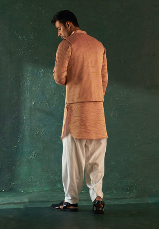 Charkhee Men-Rose Pink Tissue Kurta And Nehru Jacket Set-INDIASPOPUP.COM