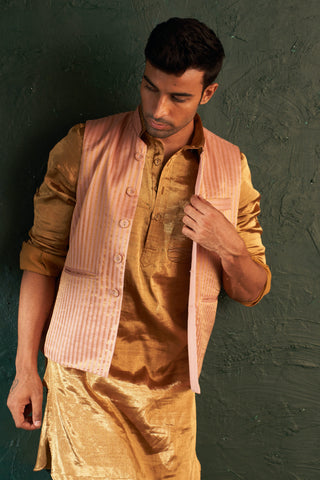 Charkhee Men-Pink Gold Kurta And Nehru Jacket Set-INDIASPOPUP.COM