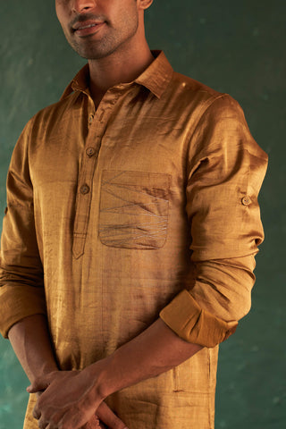 Charkhee Men-Gold Classic Silk Tissue Kurta And Salwar-INDIASPOPUP.COM