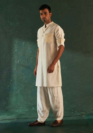 Charkhee Men-White Chanderi Straight Kurta And Salwar-INDIASPOPUP.COM