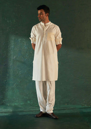 Charkhee Men-White Chanderi Straight Kurta And Salwar-INDIASPOPUP.COM
