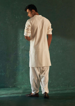 Charkhee Men-White Chanderi Straight Kurta And Salwar-INDIASPOPUP.COM