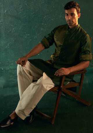 Charkhee Men-Green Straight Kurta And Nehru Jacket Set-INDIASPOPUP.COM