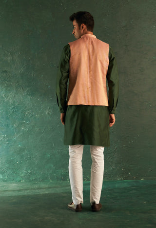 Charkhee Men-Green Straight Kurta And Pink Nehru Jacket Set-INDIASPOPUP.COM
