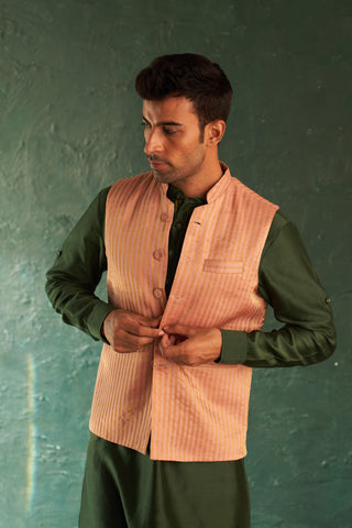 Charkhee Men-Green Straight Kurta And Pink Nehru Jacket Set-INDIASPOPUP.COM
