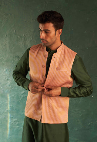 Charkhee Men-Green Straight Kurta And Pink Nehru Jacket Set-INDIASPOPUP.COM