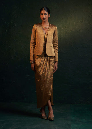 Charkhee-Gold Drape Dress And Jacket-INDIASPOPUP.COM