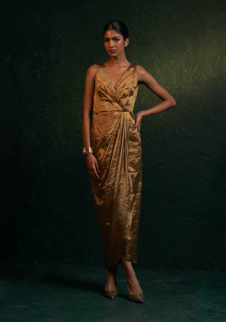 Charkhee-Gold Drape Dress And Jacket-INDIASPOPUP.COM