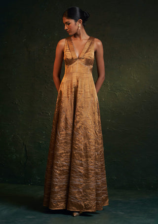 Charkhee-Gold Tissue Flared Dress-INDIASPOPUP.COM