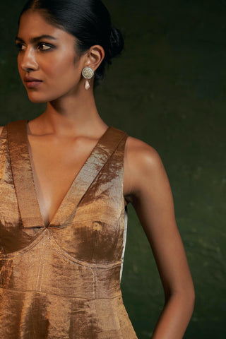 Charkhee-Gold Tissue Flared Dress-INDIASPOPUP.COM