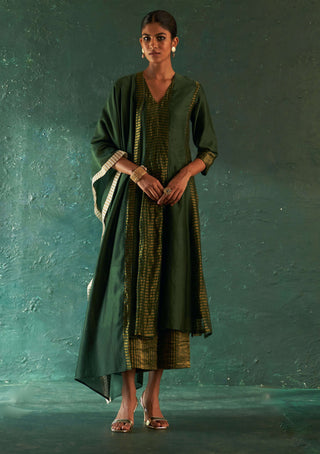 Charkhee-Deep Green Stripes Kurta Set-INDIASPOPUP.COM