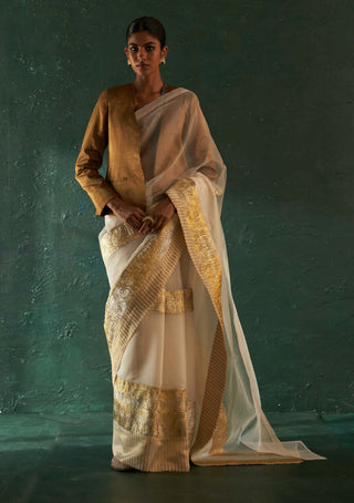 Charkhee-Off-White Gota Sari And Blazer Set-INDIASPOPUP.COM
