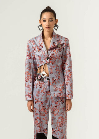 Siddhant Aggarwal-Gray Satin Printed Blazer-INDIASPOPUP.COM