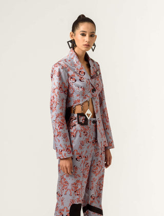 Siddhant Aggarwal-Gray Satin Printed Blazer-INDIASPOPUP.COM