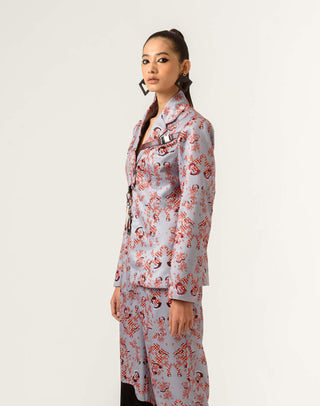 Siddhant Aggarwal-Gray Satin Printed Blazer-INDIASPOPUP.COM