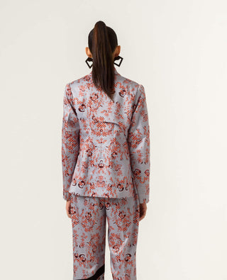 Siddhant Aggarwal-Gray Satin Printed Blazer-INDIASPOPUP.COM