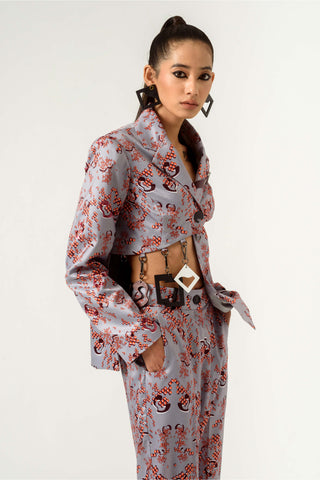 Siddhant Aggarwal-Gray Satin Printed Blazer-INDIASPOPUP.COM