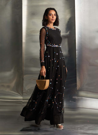 Black Flared Chanderi Anarkali by Charkhee, available on Indiaspopup.com