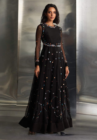 Black Flared Chanderi Anarkali by Charkhee, available on Indiaspopup.com