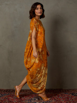 Ri.Ritu Kumar-Yellow Ochre Kylie Floral Dress With Inner-INDIASPOPUP.COM