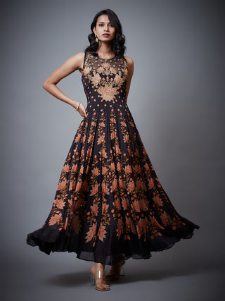 Ri.Ritu Kumar-Black & Rust Waterfall Embroidered Dress-INDIASPOPUP.COM