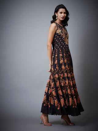 Ri.Ritu Kumar-Black & Rust Waterfall Embroidered Dress-INDIASPOPUP.COM