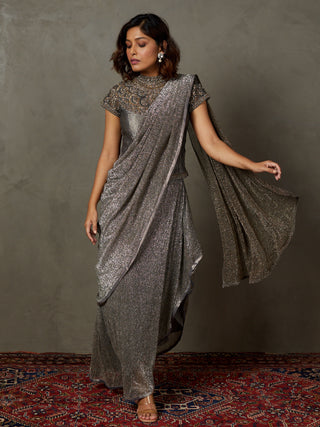 Ri.Ritu Kumar-Black And Grey Zardozi Draped Sari Set-INDIASPOPUP.COM