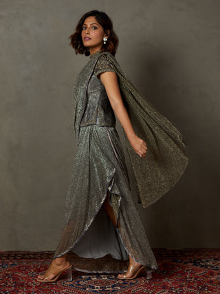 Ri.Ritu Kumar-Black And Grey Zardozi Draped Sari Set-INDIASPOPUP.COM