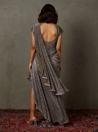 Ri.Ritu Kumar-Black And Grey Zardozi Draped Sari Set-INDIASPOPUP.COM