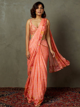 Ri.Ritu Kumar-Coral Embroidered Sari And Stitched Blouse-INDIASPOPUP.COM
