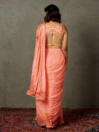 Ri.Ritu Kumar-Coral Embroidered Sari And Stitched Blouse-INDIASPOPUP.COM