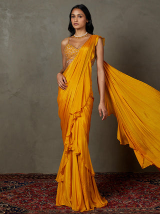Ri.Ritu Kumar-Mustard Yellow Iraa Sari And Stitched Blouse-INDIASPOPUP.COM