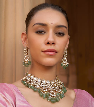 Chitrali green polki necklace set