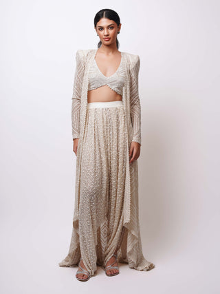 Petalune ivory high low jacket and dhoti