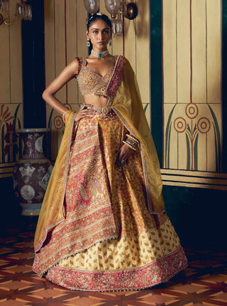 Yellow Jacquard Banarasi Lehenga Set by Aditi Gupta available on Indiaspopup.com