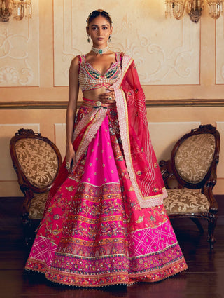 Hot Pink Jacquard Silk Banarasi Lehenga Set by Aditi Gupta available on Indiaspopup.com