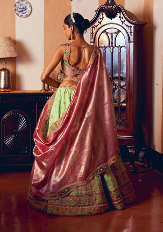 Light Green Jacquard Silk Banarasi Lehenga Set by Aditi Gupta available on Indiaspopup.com