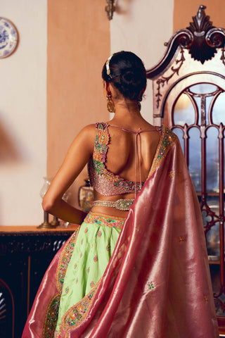 Light Green Jacquard Silk Banarasi Lehenga Set by Aditi Gupta available on Indiaspopup.com