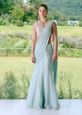 Draba aqua blue fishcut sari and blouse