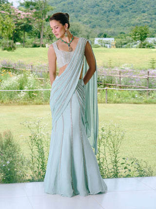 Draba aqua blue fishcut sari and blouse