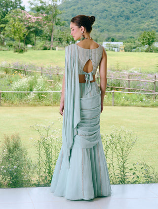 Draba aqua blue fishcut sari and blouse