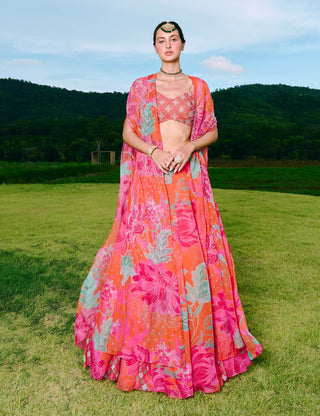 Dinnie sunset orange cape and lehenga set